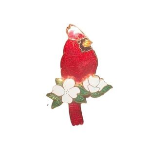 Enamel Red Cardinal Bird Pin Brooch with White Flowers Gold Tone Jewelry Women